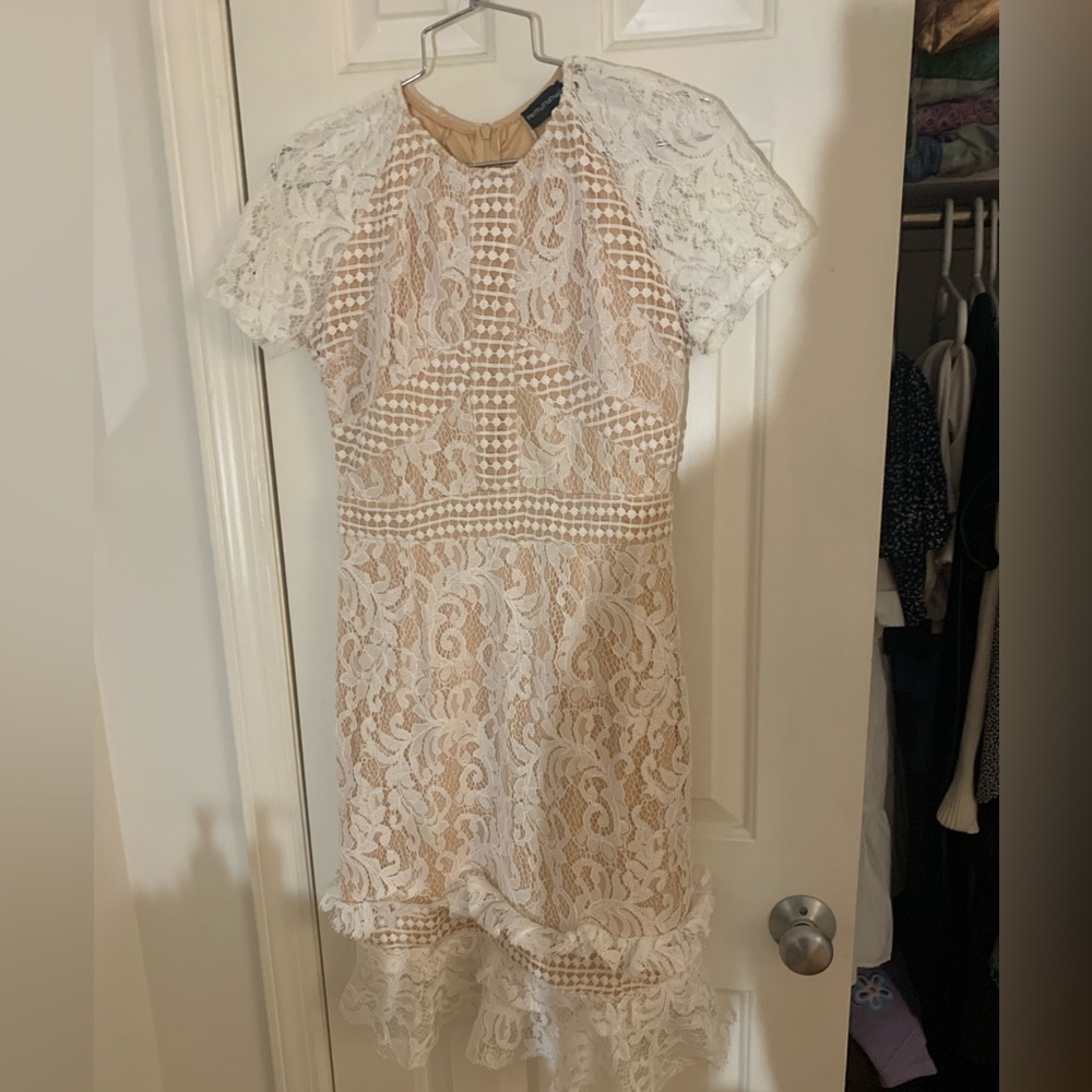 White cocktail dress; brand= Pretty Little Thing